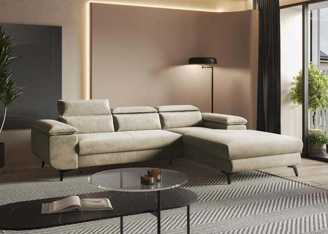 Corner sofa bed FLAT in modern living room setting with adjustable headrests and spacious storage.
