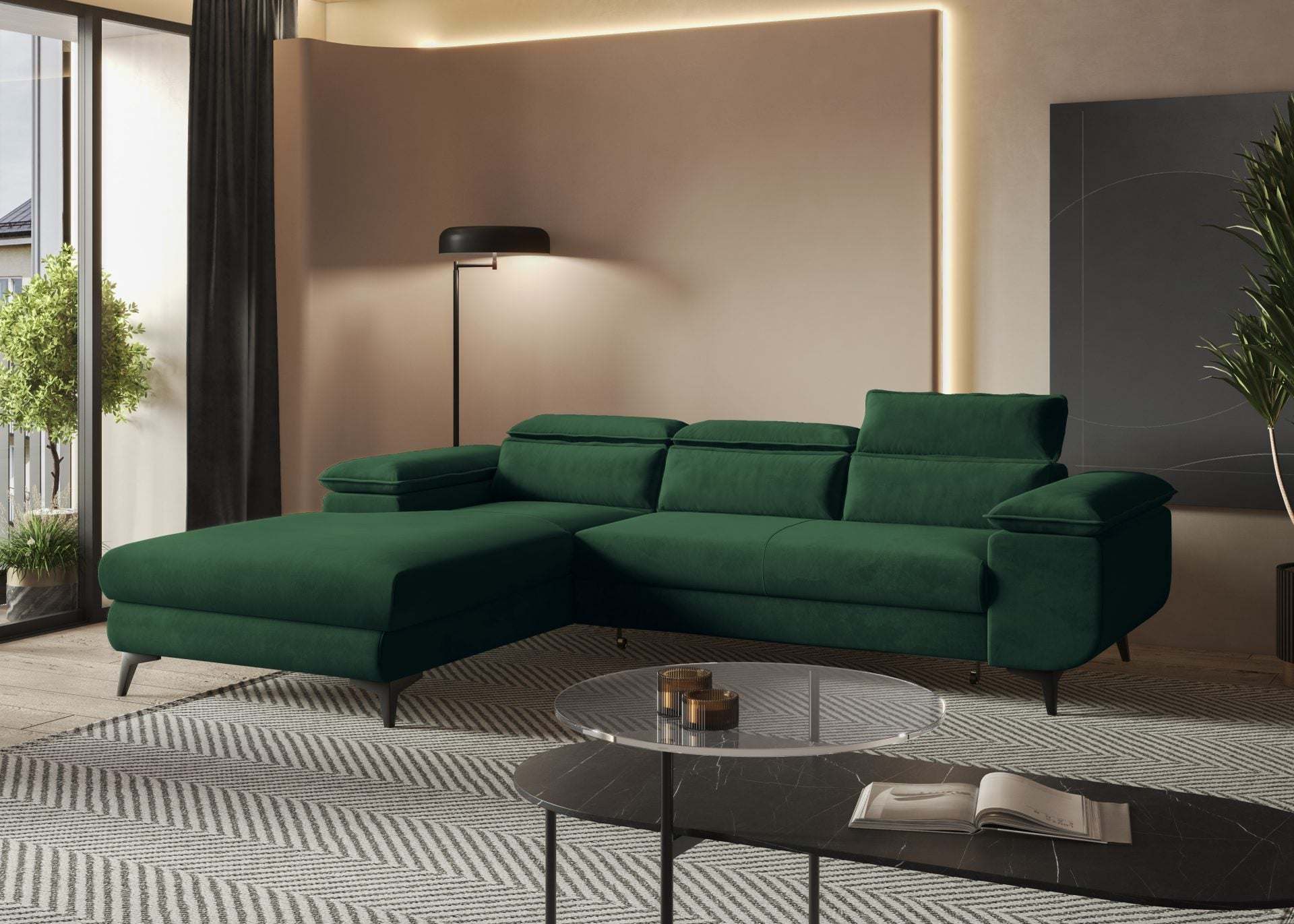 Modern green corner sofa bed in a stylish living room with adjustable headrests and hydrophobic fabric.