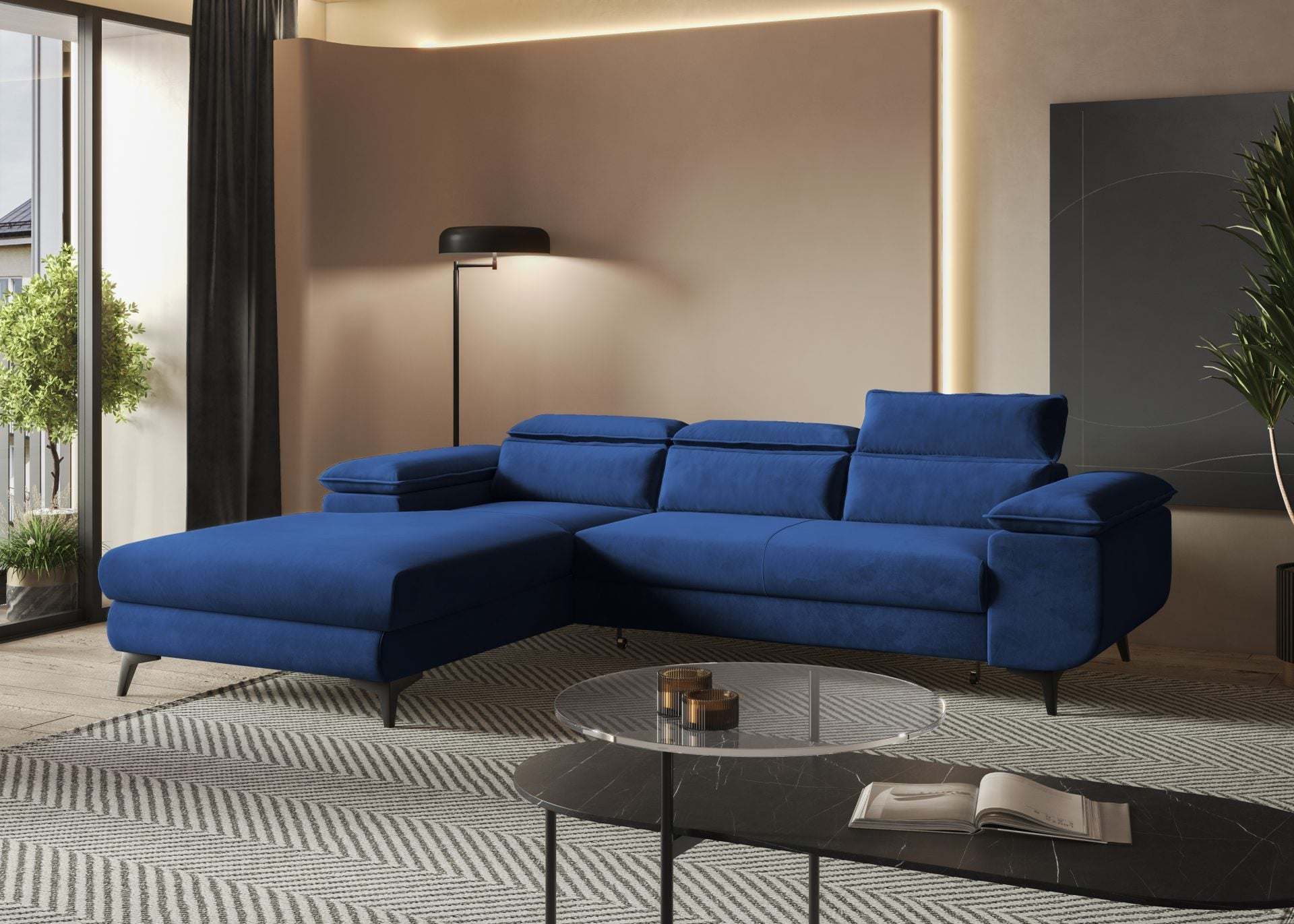 Modern blue FLAT corner sofa bed with adjustable headrests and storage.