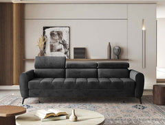 BJORN Sofa Bed in dark fabric with adjustable headrests, in a modern living room setting.