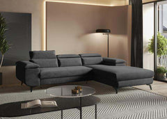 Modern FLAT Corner Sofa Bed with adjustable headrests and storage, in a stylish living room setting.