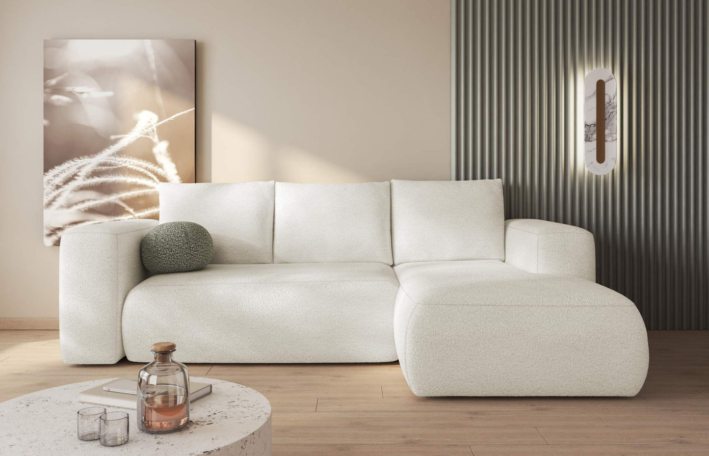 LAMBI corner sofa bed in a cozy living room setting with neutral tones.