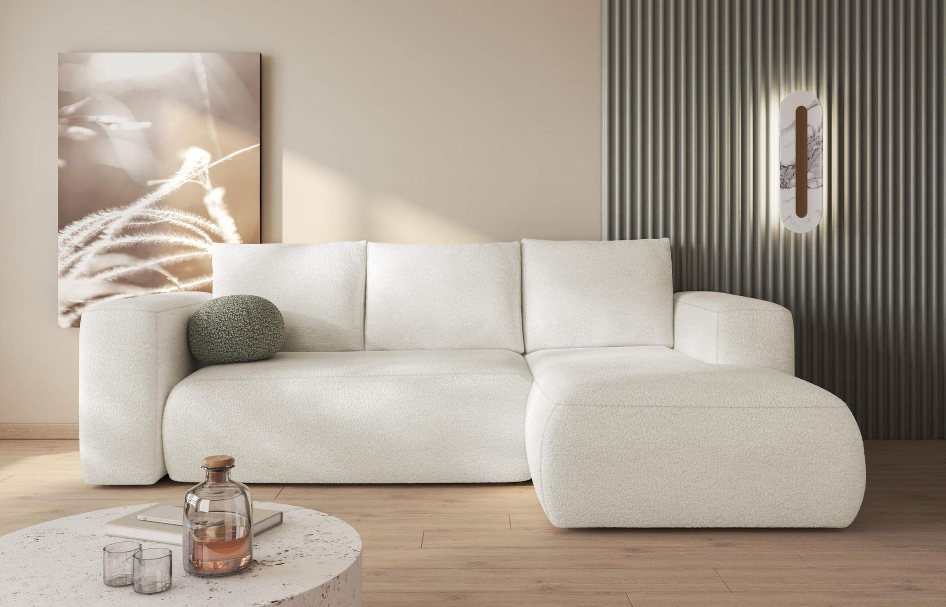 LAMBI corner sofa bed in a cozy living room setting with neutral tones.