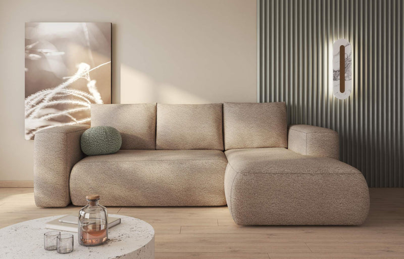 LAMBI Corner Sofa Bed with multicoloured upholstery in modern living room.