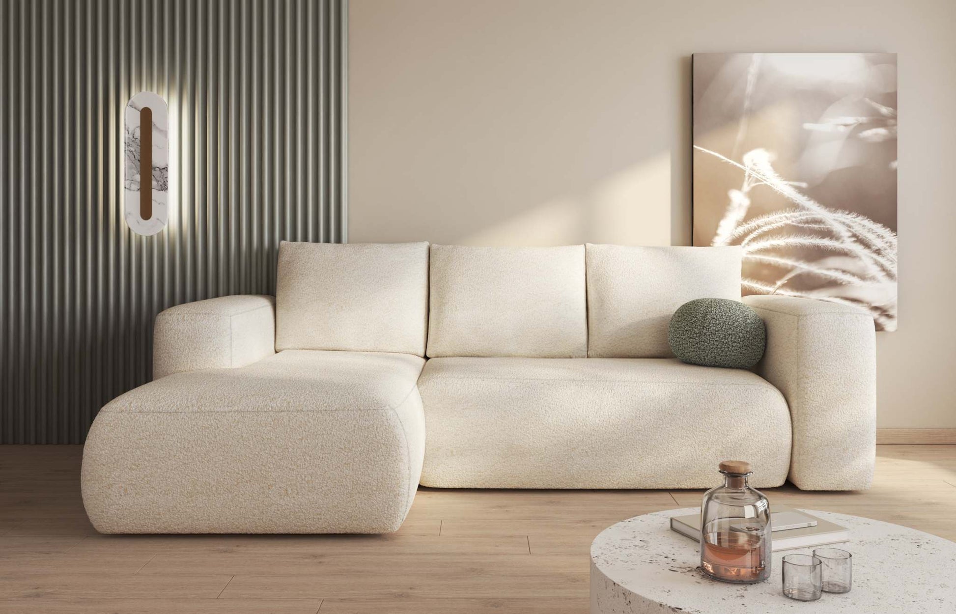 LAMBI corner sofa bed in multicolored fabric, modern living room setting.