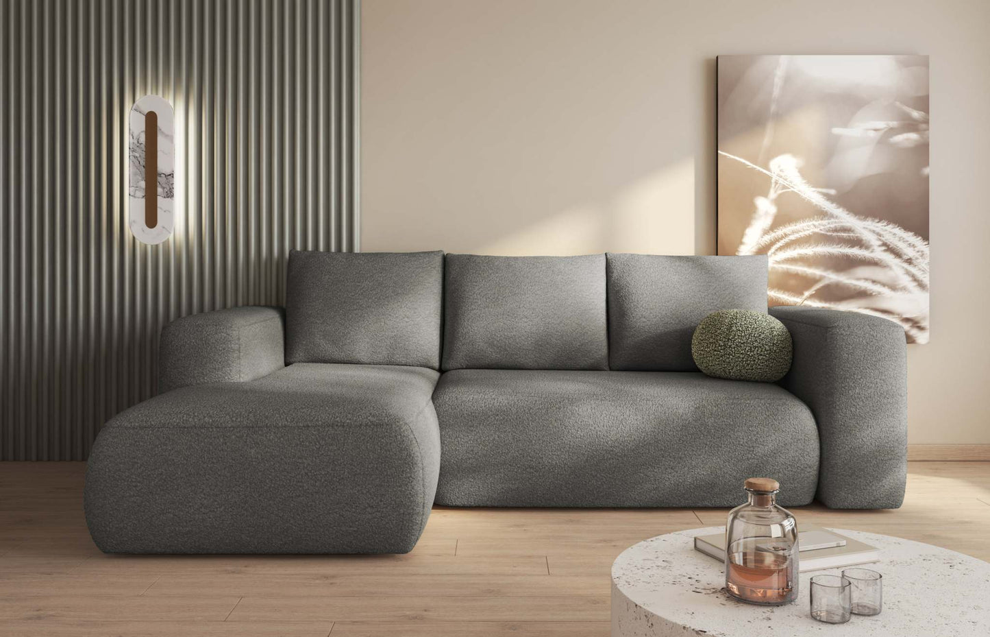 LAMBI Corner Sofa Bed in modern living room with multicoloured fabric, seating for three, convertible to bed.